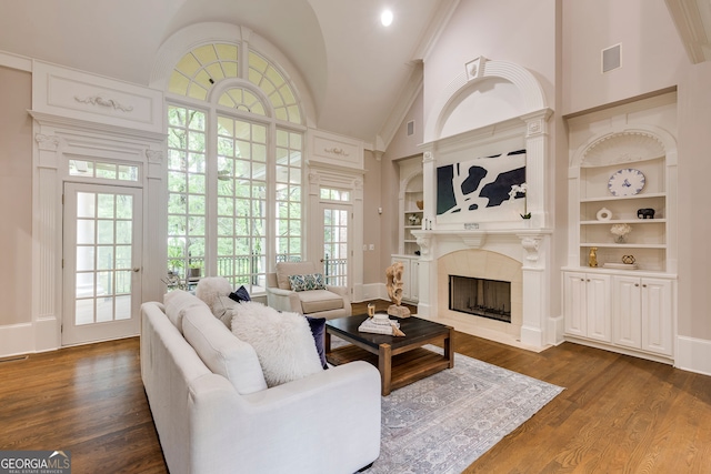314 Caruso Ct, Sandy Springs, GA 30350 - living room featuring dark wood-type flooring, built in features, healthy amount of natural light, and high vaulted ceiling