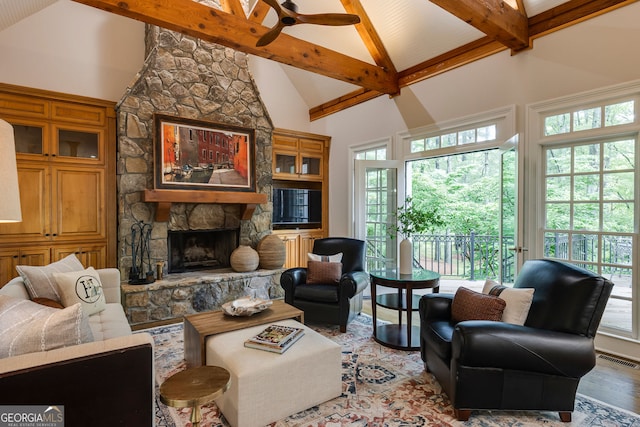 314 Caruso Ct, Sandy Springs, GA 30350 - living area with high vaulted ceiling, a fireplace, beamed ceiling, light wood-style flooring, and a ceiling fan