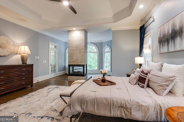 314 Caruso Ct, Sandy Springs, GA 30350 - bedroom featuring wood finished floors, ornamental molding, recessed lighting, a multi sided fireplace, and a raised ceiling