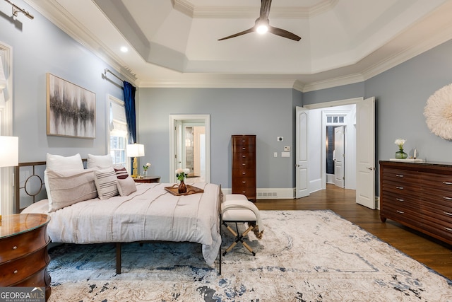 314 Caruso Ct, Sandy Springs, GA 30350 - bedroom with a raised ceiling, wood finished floors, ornamental molding, and a ceiling fan
