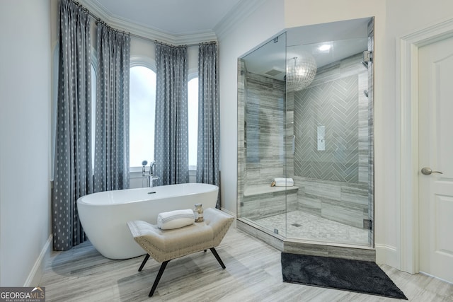 314 Caruso Ct, Sandy Springs, GA 30350 - full bathroom with a shower stall, a freestanding bath, healthy amount of natural light, and ornamental molding