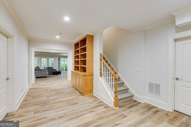 314 Caruso Ct, Sandy Springs, GA 30350 - hall with crown molding, light wood-type flooring, stairway, and recessed lighting
