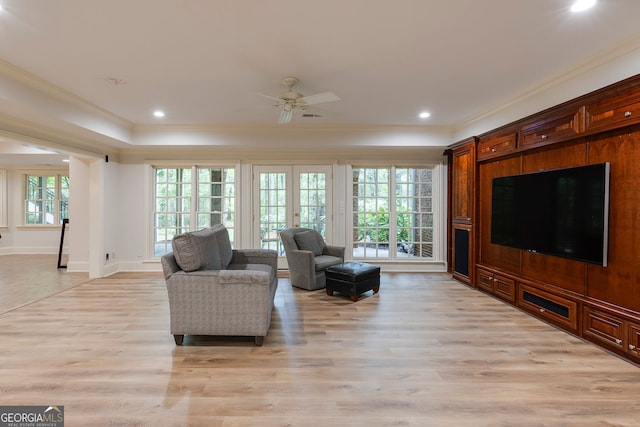 314 Caruso Ct, Sandy Springs, GA 30350 - living room with ornamental molding, light wood-style flooring, a ceiling fan, recessed lighting, and french doors