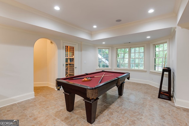 314 Caruso Ct, Sandy Springs, GA 30350 - rec room with crown molding, recessed lighting, pool table, a tray ceiling, and arched walkways