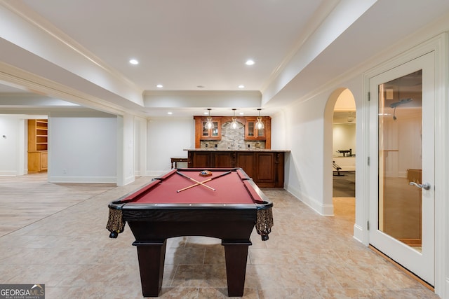 314 Caruso Ct, Sandy Springs, GA 30350 - game room with a raised ceiling, arched walkways, ornamental molding, billiards, and recessed lighting