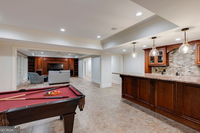 314 Caruso Ct, Sandy Springs, GA 30350 - recreation room featuring a tray ceiling, recessed lighting, ornamental molding, ceiling fan, and billiards