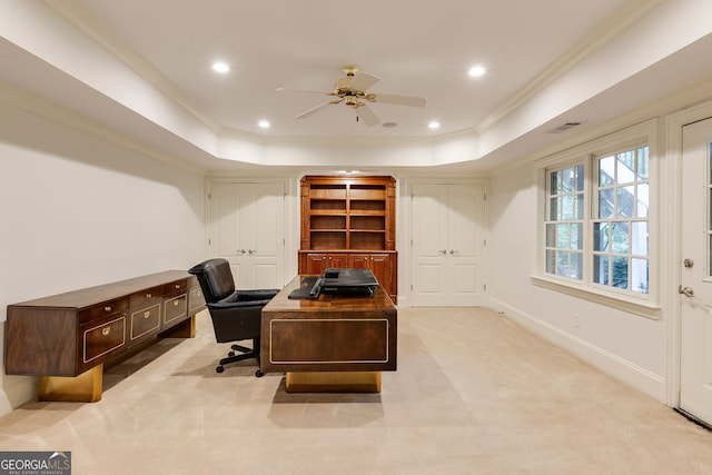 314 Caruso Ct, Sandy Springs, GA 30350 - home office with crown molding, ceiling fan, a tray ceiling, light colored carpet, and recessed lighting