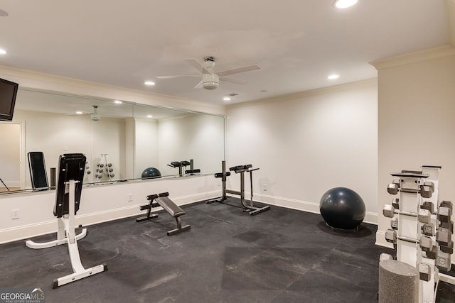 314 Caruso Ct, Sandy Springs, GA 30350 - exercise room with crown molding, ceiling fan, and recessed lighting