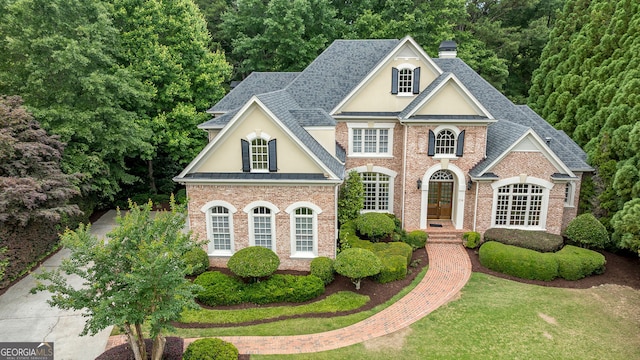314 Caruso Ct, Sandy Springs, GA 30350 - georgian-style home featuring stucco siding, a chimney, roof with shingles, and brick siding