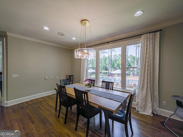 100 Long Pine Rd, Tifton, GA 31794 - dining room featuring crown molding, a chandelier, baseboards, dark wood finished floors, and recessed lighting