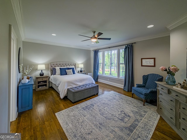 100 Long Pine Rd, Tifton, GA 31794 - bedroom with dark wood-style floors, ornamental molding, a ceiling fan, recessed lighting, and baseboards