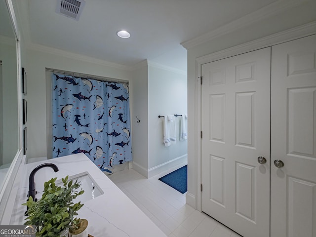 100 Long Pine Rd, Tifton, GA 31794 - bathroom featuring ornamental molding, recessed lighting, baseboards, a sink, and curtained shower