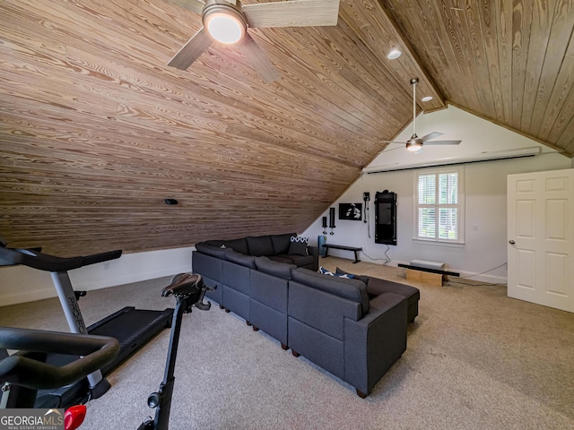 100 Long Pine Rd, Tifton, GA 31794 - living room with ceiling fan, wooden ceiling, carpet, lofted ceiling, and baseboards