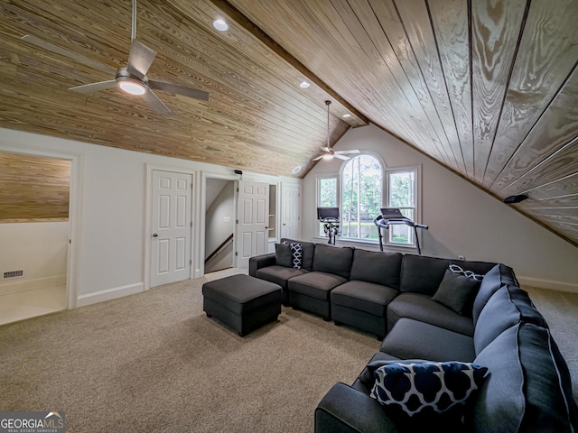100 Long Pine Rd, Tifton, GA 31794 - carpeted living room featuring wooden ceiling, a ceiling fan, lofted ceiling, baseboards, and recessed lighting