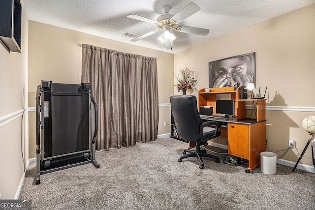7008 Glen Valley Way, Fairburn, GA 30213 - carpeted office featuring a textured ceiling, a ceiling fan, and baseboards