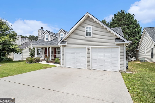 7008 Glen Valley Way, Fairburn, GA 30213 - view of front of home with concrete driveway, a garage, a front lawn, covered porch, and a chimney
