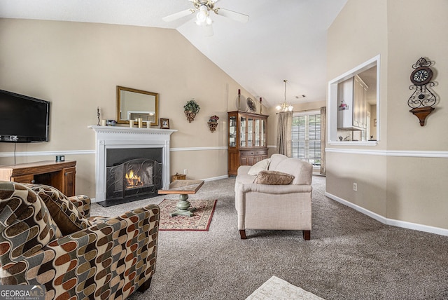 7008 Glen Valley Way, Fairburn, GA 30213 - carpeted living area with ceiling fan, lofted ceiling, a warm lit fireplace, and baseboards