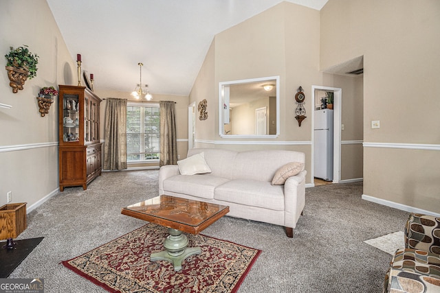 7008 Glen Valley Way, Fairburn, GA 30213 - carpeted living area with high vaulted ceiling, baseboards, and a chandelier