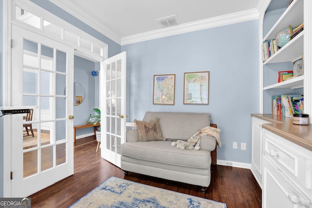 4218 Sandy Branch Dr, Buford, GA 30519 - living area with crown molding, french doors, dark wood-type flooring, and baseboards