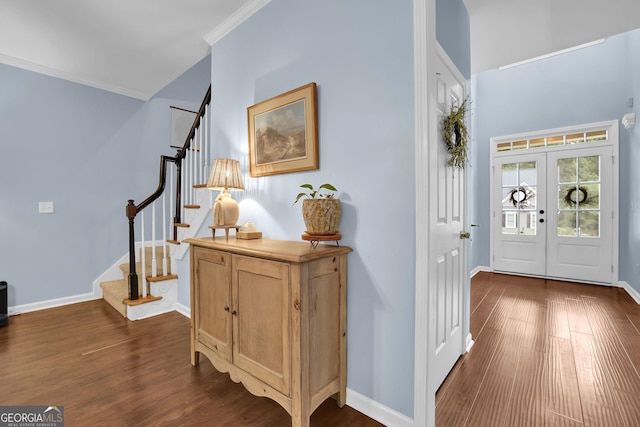 4218 Sandy Branch Dr, Buford, GA 30519 - entryway featuring stairs, dark wood-style flooring, ornamental molding, and baseboards