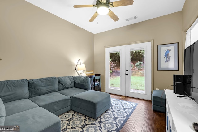 4218 Sandy Branch Dr, Buford, GA 30519 - living area with dark wood-style flooring, french doors, and a ceiling fan