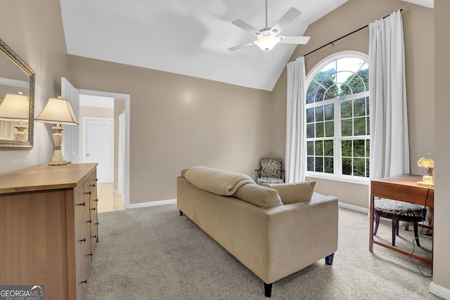 4218 Sandy Branch Dr, Buford, GA 30519 - living area with ceiling fan, vaulted ceiling, light colored carpet, and baseboards