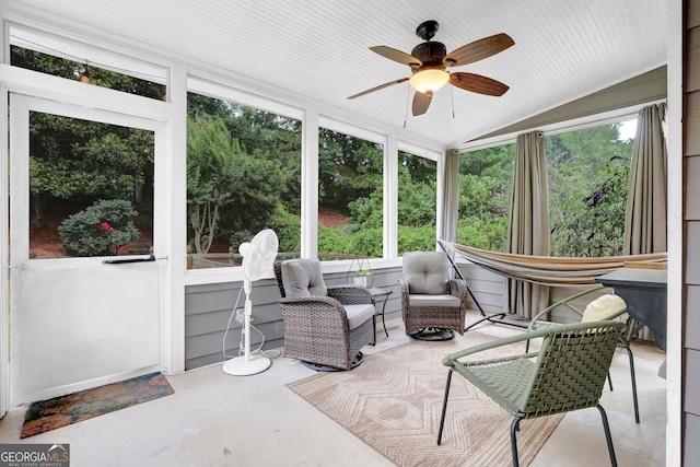 4218 Sandy Branch Dr, Buford, GA 30519 - sunroom featuring ceiling fan, vaulted ceiling, and plenty of natural light
