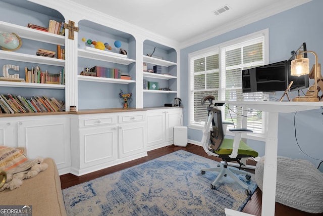 4218 Sandy Branch Dr, Buford, GA 30519 - office space featuring dark wood-style floors, crown molding, and built in features
