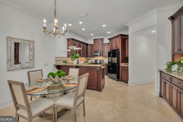 3100 Prince Ln, Saint Simons, GA 31522 - dining area with crown molding, a chandelier, baseboards, and recessed lighting