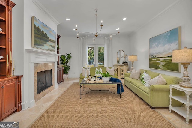 3100 Prince Ln, Saint Simons, GA 31522 - living area featuring ornamental molding, a premium fireplace, recessed lighting, french doors, and a chandelier