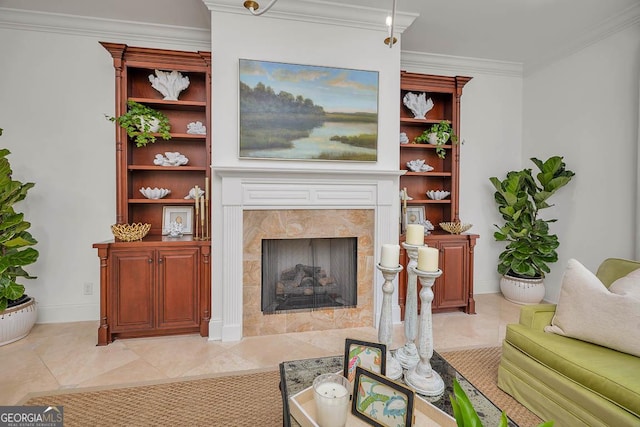 3100 Prince Ln, Saint Simons, GA 31522 - living area with a high end fireplace, crown molding, and light tile patterned floors
