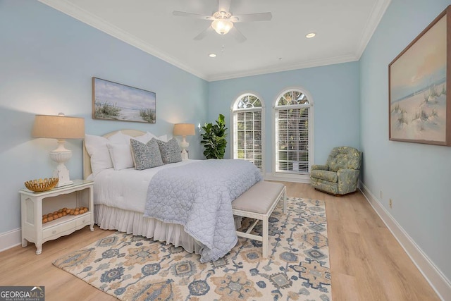 3100 Prince Ln, Saint Simons, GA 31522 - bedroom featuring light wood-style flooring, crown molding, baseboards, recessed lighting, and a ceiling fan