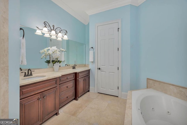 3100 Prince Ln, Saint Simons, GA 31522 - bathroom featuring ornamental molding, double vanity, and a whirlpool tub