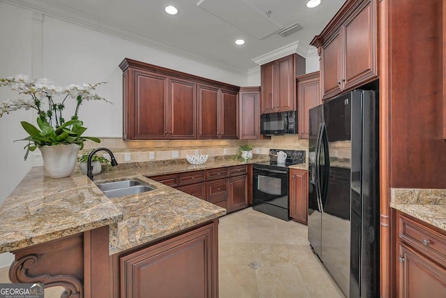3100 Prince Ln, Saint Simons, GA 31522 - kitchen with black appliances, a sink, ornamental molding, decorative backsplash, and light stone counters
