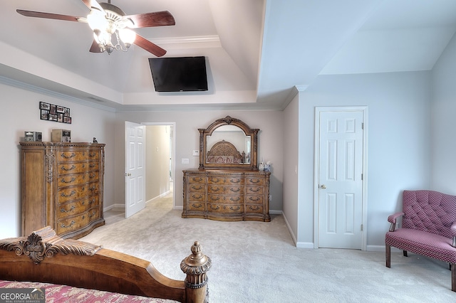 1850 Noblin Ridge Way, Duluth, GA 30097 - bedroom featuring carpet flooring, a ceiling fan, vaulted ceiling, and a raised ceiling