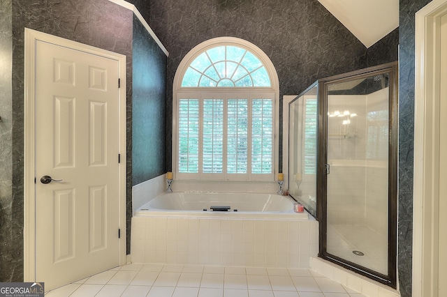 1850 Noblin Ridge Way, Duluth, GA 30097 - full bath with a garden tub, a stall shower, wallpapered walls, and tile patterned floors