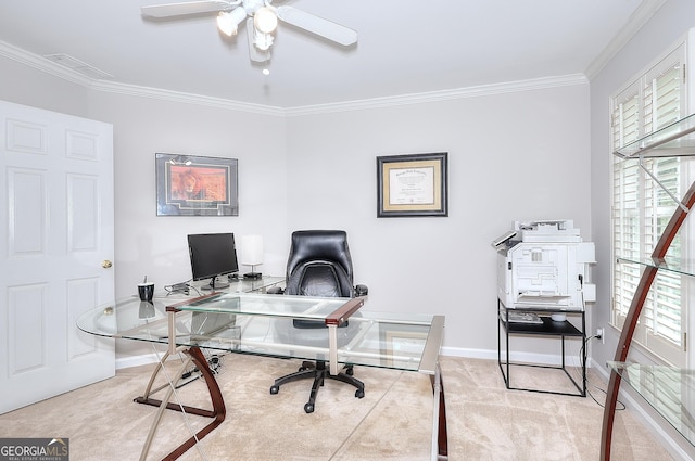 1850 Noblin Ridge Way, Duluth, GA 30097 - office area with light colored carpet, ceiling fan, and ornamental molding