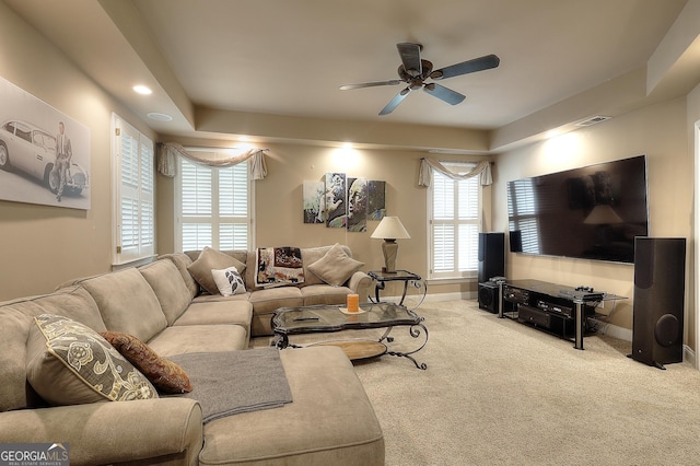 1850 Noblin Ridge Way, Duluth, GA 30097 - living area with a ceiling fan, carpet, and recessed lighting