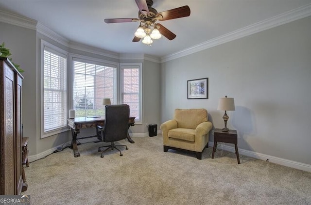 5327 Saville Dr NW, Acworth, GA 30101 - office with carpet floors, crown molding, and a ceiling fan