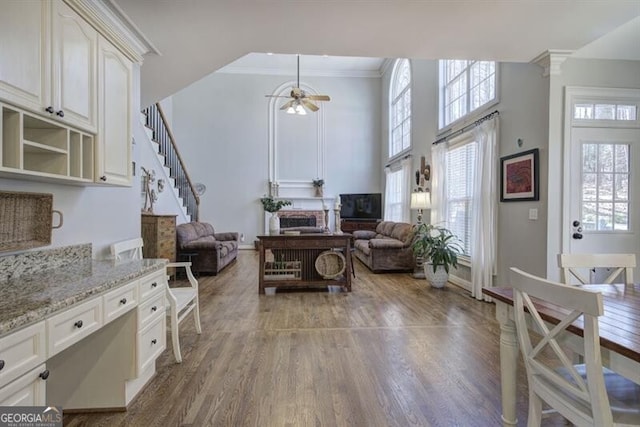 5327 Saville Dr NW, Acworth, GA 30101 - living area featuring wood finished floors, plenty of natural light, a ceiling fan, crown molding, and a towering ceiling