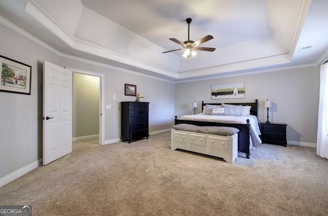 5327 Saville Dr NW, Acworth, GA 30101 - bedroom with a raised ceiling, light carpet, ornamental molding, and a ceiling fan