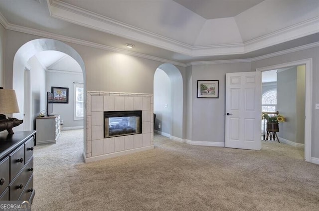 5327 Saville Dr NW, Acworth, GA 30101 - unfurnished living room with a tray ceiling, plenty of natural light, carpet floors, and crown molding