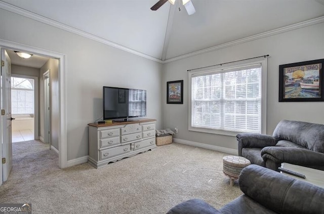 5327 Saville Dr NW, Acworth, GA 30101 - carpeted living area featuring ceiling fan, high vaulted ceiling, and ornamental molding