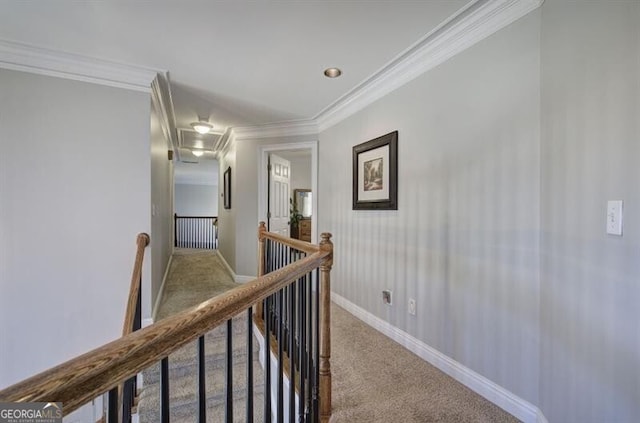 5327 Saville Dr NW, Acworth, GA 30101 - hall with carpet flooring, an upstairs landing, ornamental molding, and attic access