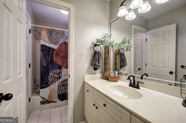 5327 Saville Dr NW, Acworth, GA 30101 - full bathroom with vanity, tile patterned flooring, and shower / bathtub combination with curtain