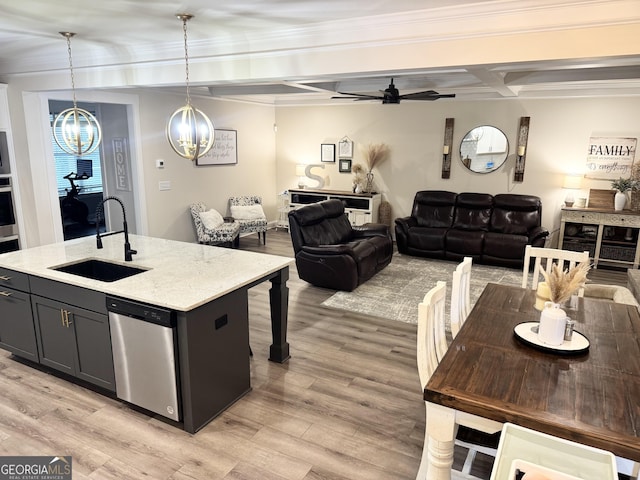 2991 Rice Creek Ct Unit 84P, Jefferson, GA 30549 - kitchen featuring appliances with stainless steel finishes, a sink, a chandelier, ceiling fan, and light wood-style flooring