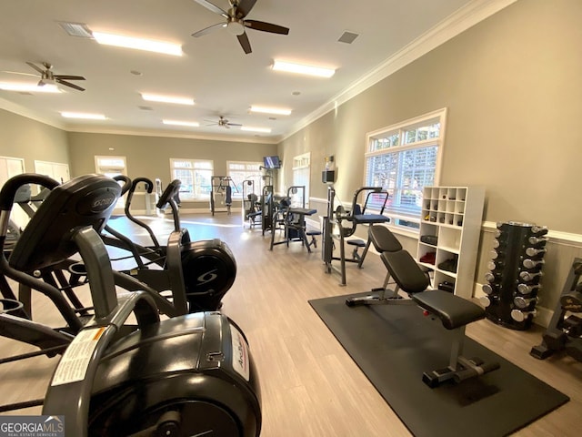 2991 Rice Creek Ct Unit 84P, Jefferson, GA 30549 - exercise room with a ceiling fan, ornamental molding, and wood finished floors