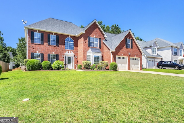 5125 Winding Glen Dr, Lithonia, GA 30038 - view of front of house featuring brick siding, driveway, a garage, a front lawn, and roof with shingles