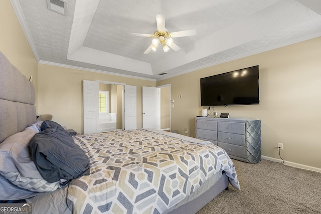 5125 Winding Glen Dr, Lithonia, GA 30038 - carpeted bedroom featuring a raised ceiling, baseboards, a ceiling fan, a textured ceiling, and ornamental molding