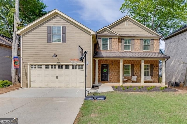 440 S Alexander St, Buford, GA 30518 - view of front of house with an attached garage, concrete driveway, brick siding, and a porch